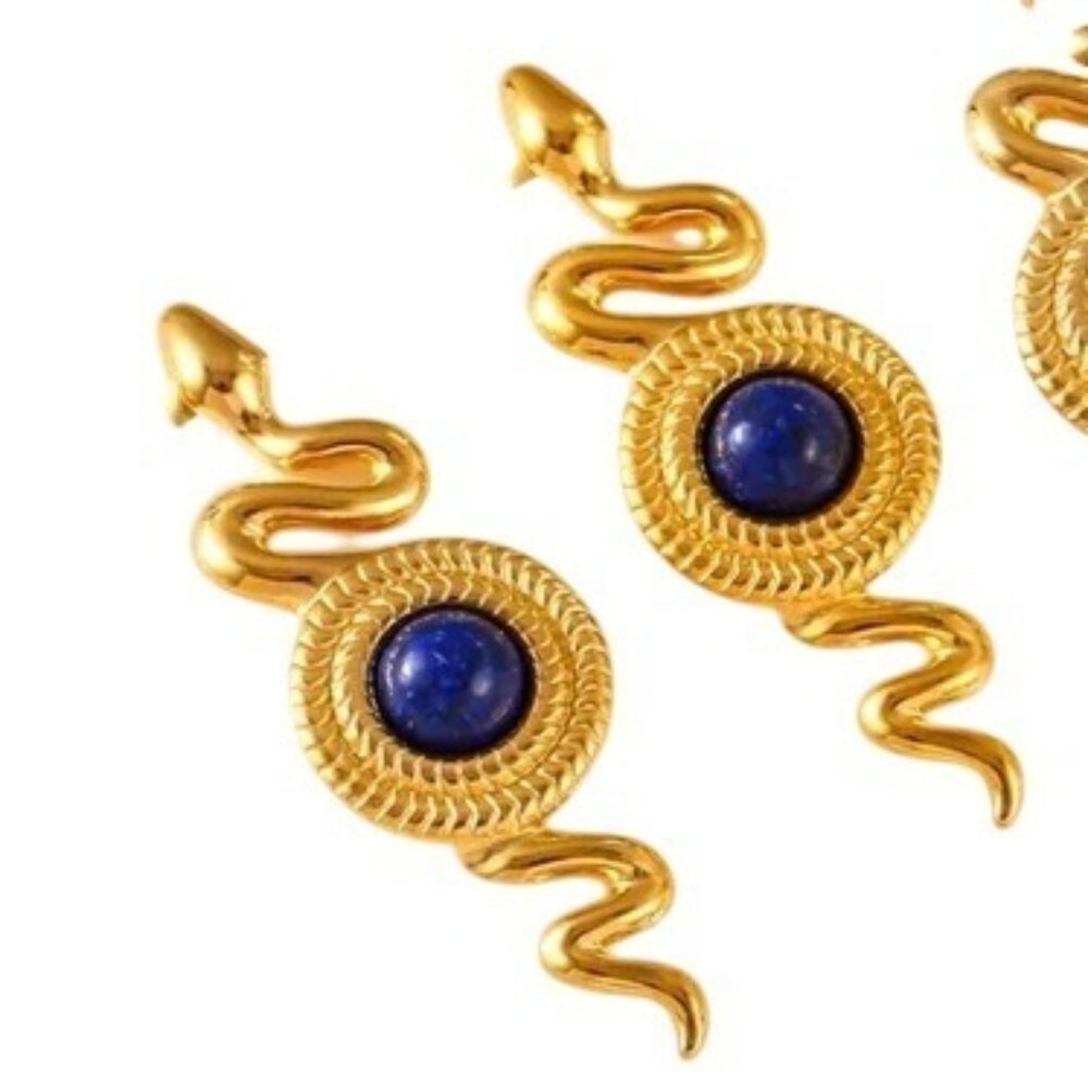 Womens Snake Earrings Pierced Gold Plated Blue Lapis Lazuli Gemstone Chandelier